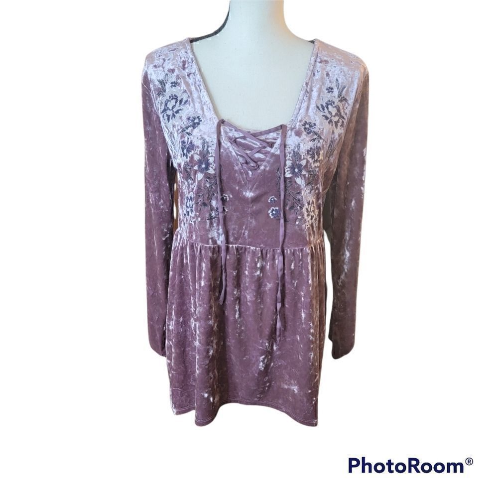 Style & Co. Long Sleeved Velvet Top with Embroidery and Lace Up Detail. Size S.